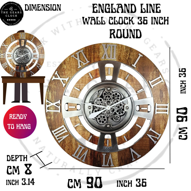 Wall Clock 36" Oversized for Living Room decor with Real Moving Gears England Collection, White Farmhouse