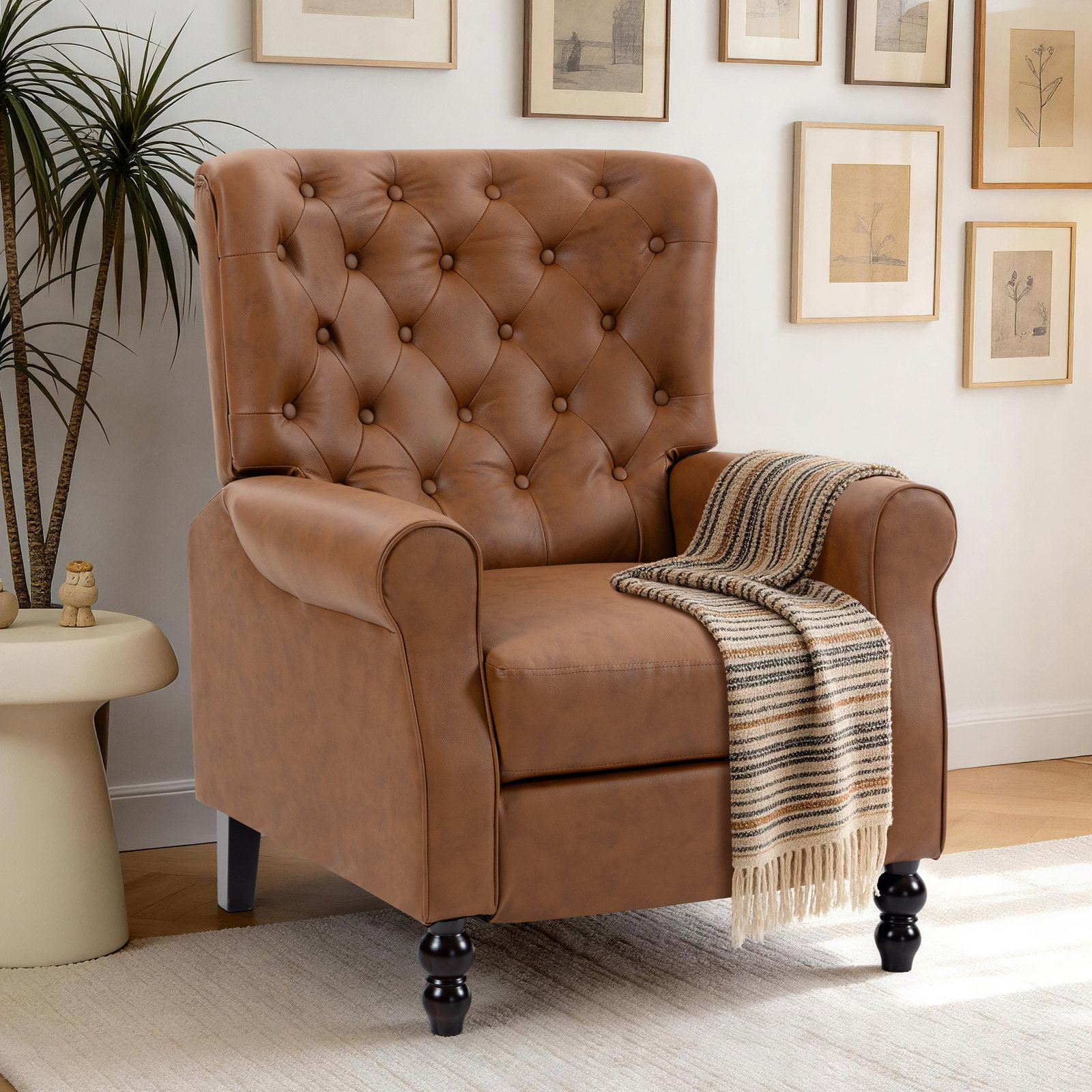 Stationary Rolled Arm Wingback Recliner, Brown