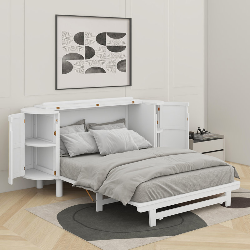 Lit escamotable avec rangement caché et motif tissé moderne, Blanc, Grand lit