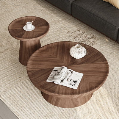 Nesting Round Coffee Table, Wood Cocktail Tables with Ash Side Table(Set of 2)