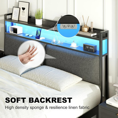Headboard For Bed Frame, Headboards With Outlets, USB Ports And 60,000 DIY Color LED Light, Upholstered Head Board With Storage, Height Adjustable, Black