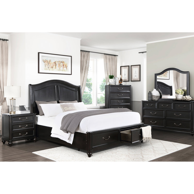 Grand lit plateforme gris anthracite avec rangement à tiroirs pour rangement traditionnel dans la chambre à coucher, apparence