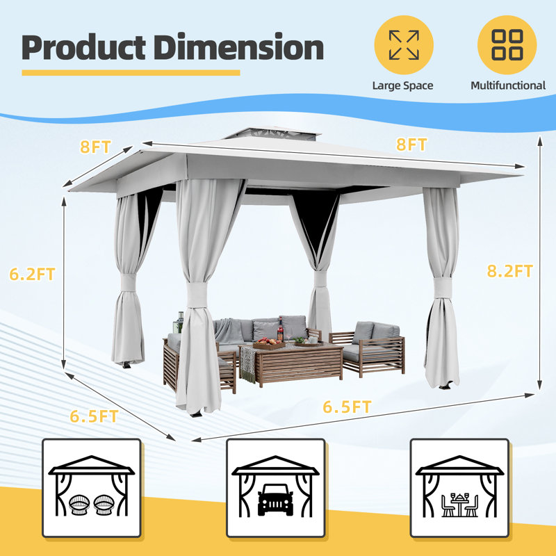 8'x8' Soft-top Gazebo, Heavy-Duty Outdoor Gazebo with Double Roofs, UV Protection & Curtains – Ideal for Patio, Deck, Lawn, and Backyard Use