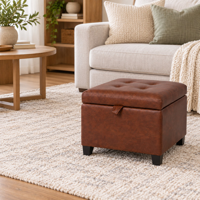 17.5" Square Tufted Faux Leather Storage Ottoman for Living Room, Rufous