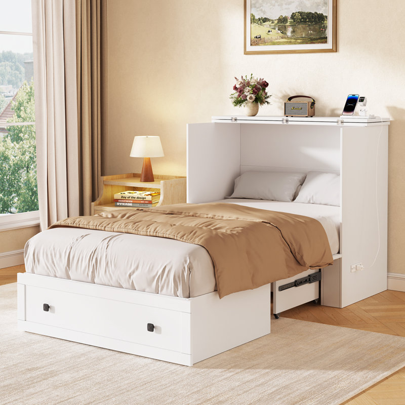 Lit escamotable avec rangement Farmhouse, armoire escamotable avec station de charge intégrée pour chambre à coucher, chambre d'amis