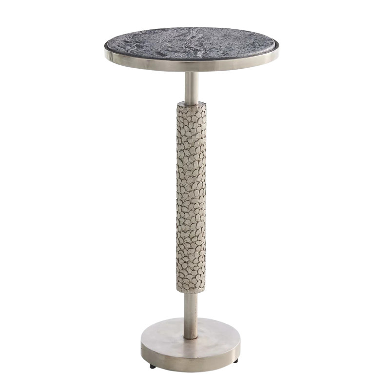 Antique Nickel Hammered Round Martini Table with Grey Marble Top