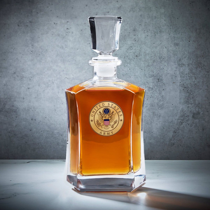 US Army Clear Glass Whiskey Decanter with Metal Crest