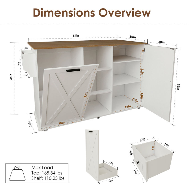 Rolling Kitchen Island With Drop Leaf, Trash Can Cabinet, Drawers And Storage, White, White