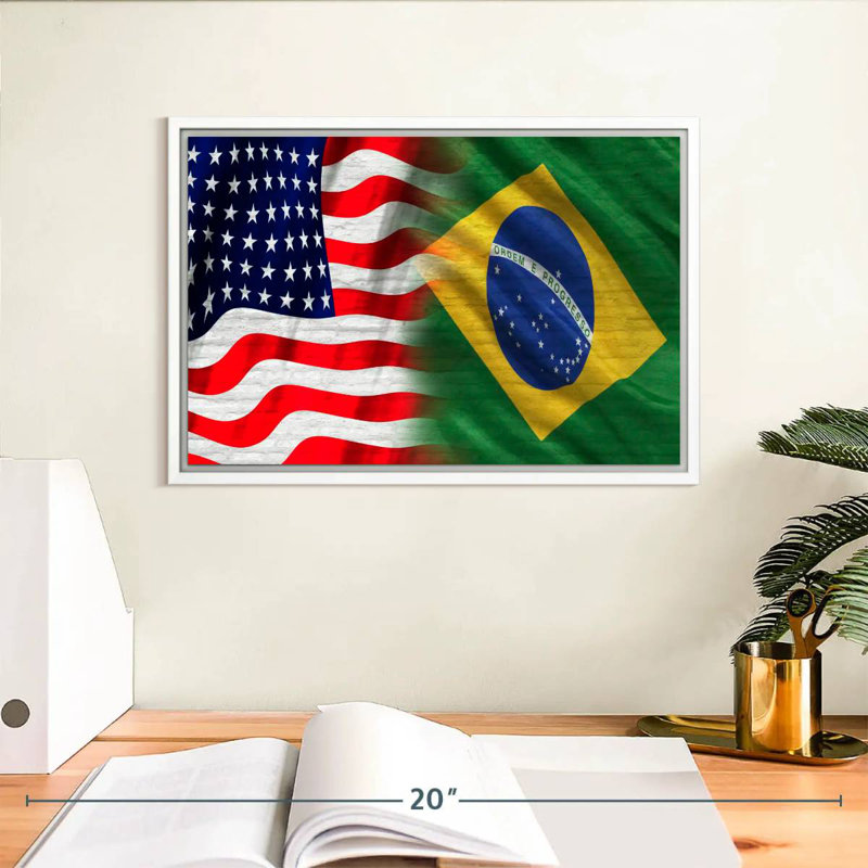 Drapeau des États-Unis et du Brésil, Cadre flottant blanc, 13 po x 9 po