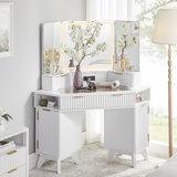 48'' Fluted Makeup Vanity Desk With Hd Triple Mirror And Lights,large Lighted Corner Vanity With Glass Top, Modern Dressing Table With Outlets
