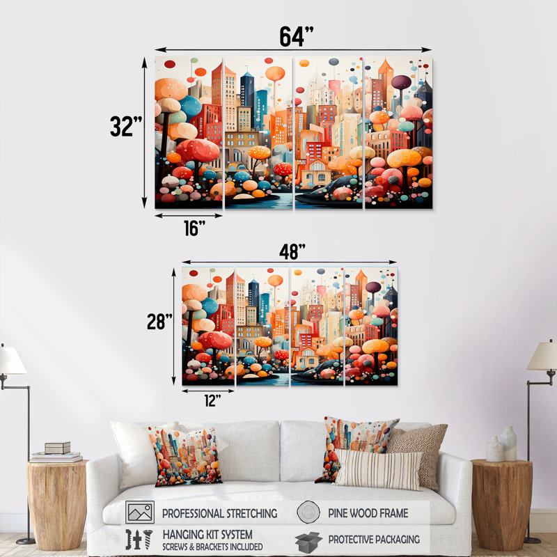 Popart Urban Cityscape III - City Art Deco, art mural 4 pièces, H 28 po x l 48 po