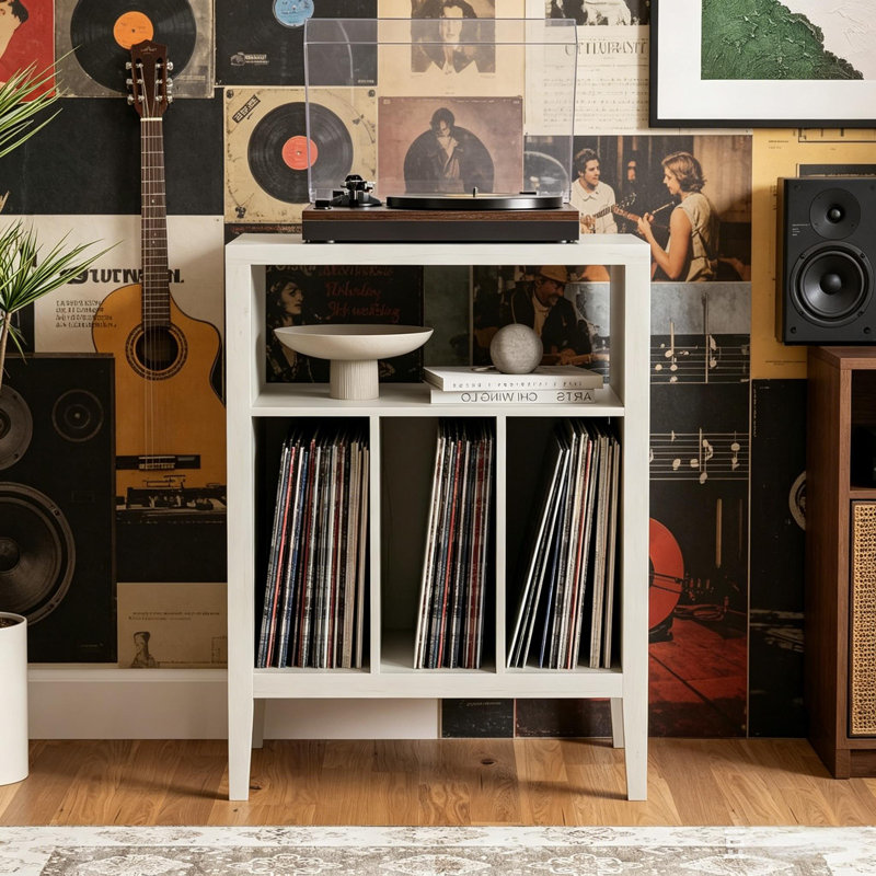 Modern Record Player Stand Vinyl Record Storage Cabinet with Open Shelf, Wood Cube Storage Organizer for Living Room Office