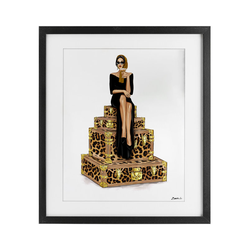 Élégante gal et valises encadrées sous verre, design par Ziwei Li, H 21 po x l 17 po, Cadre noir minuit
