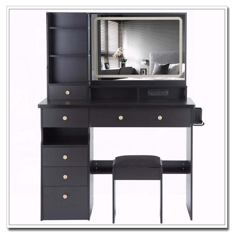 41" Large Size Vanity Table with LED Mirror, Power Station, Stool and Hair Dryer Stand, Black