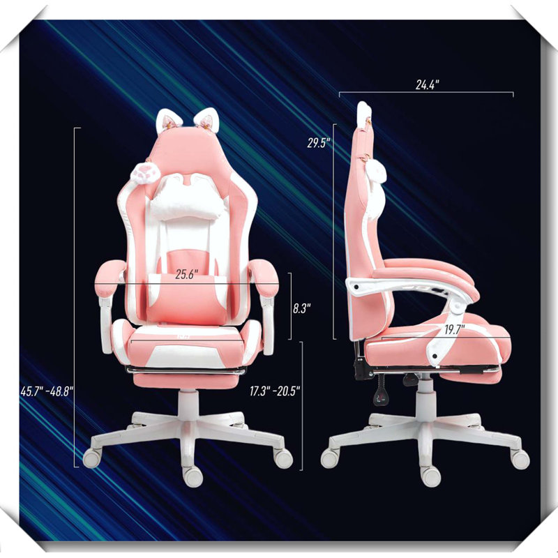 Gaming Chair Footrest Headrest Lumbar Support Reclining Swivel, Pink/White, White