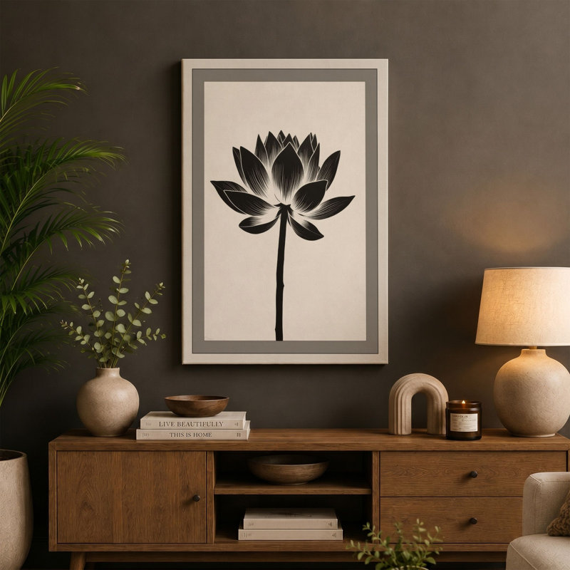 Lotus in Black Botanical - Wrapped Canvas, 24x16 - 61.0 x 40.6 cm, Terracotta Border