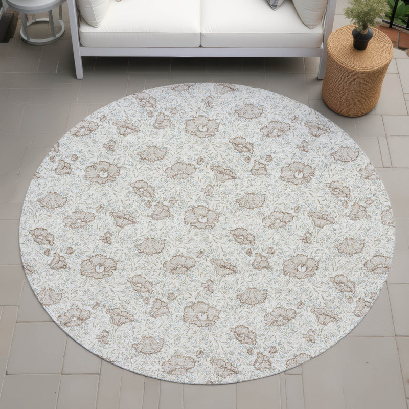 Machine Washable Indoor/Outdoor Chantille ACN2792 Floral Rug, Ivory, 8' Round
