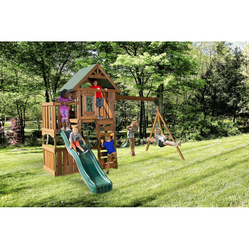 Elkhorn Wooden Backyard Swing Set with Slide and Climbing Wall