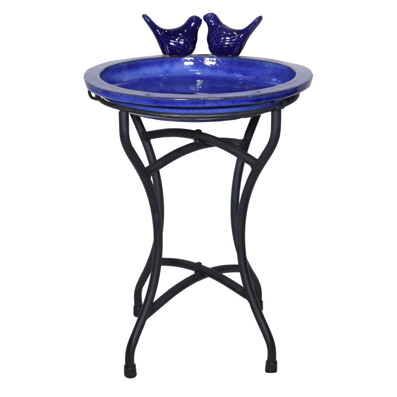 Bain d'oiseaux extérieur en céramique 12 po H bleu avec base en métal