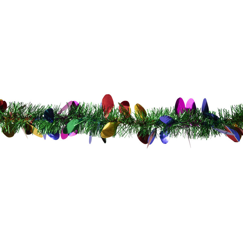 50' Green Tinsel Garland with Multicolor Light Bulb Accents