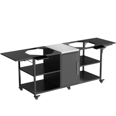 Chariot de barbecue extérieur pour deux gros œufs, table en métal de 18 po avec comptoir en acier inoxydable, argent noir, 107,33 lb, 35,46 po de hauteur, 26,57 po de largeur, 102,91 po de profondeur, 6 roulettes, 4 verrouillables, 2 tablettes ouvertes
