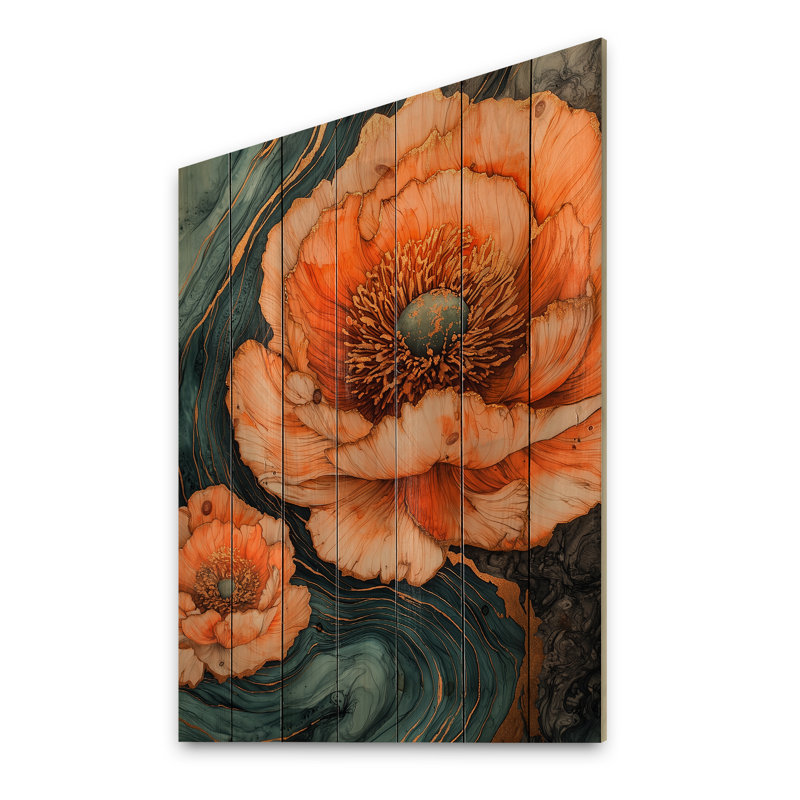 Orange Peonies On Geode Stone Wilde II - Peonies Wood Print - On Natural Pine Wood, 40" H x 30" W x 0.78" D
