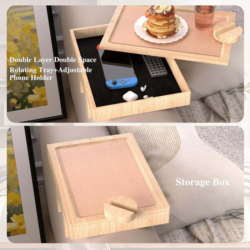 Bamboo Couch Arm Table With 360° Rotating Phone Holder & Hidden Storage Box,Non-Slip Sofa Arm Tray Fits Narrow And Sectional Sofa,Adjustable Armrest Tray Table For Couch