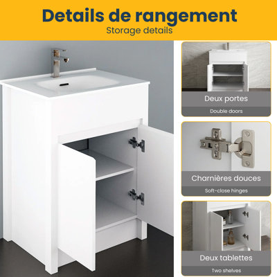Koyuki 24 po L x 18 po P 2 portes Meuble-lavabo autoportant avec évier simple et Comptoir en Céramique blanc