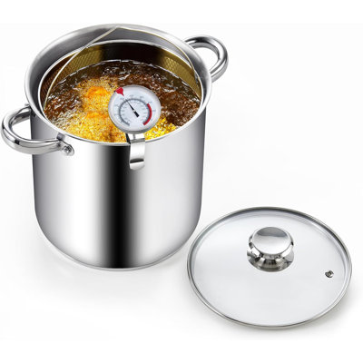 Cook N Home Basics 5 Quart Deep Fryer Pot with Basket, Japanese Tempura Stainless Steel Frying Pot with Temperature Control and Oil Drip Rack , Glass Lid, Suitable for Kitchen French Fries, Chicken