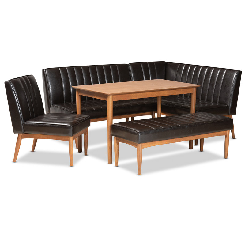Hilley 5-Pc Dining Nook Set in Brown Faux Leather and Walnut Finish Wood, 31.5'' H X 22'' W X 27'' D, Brown/Walnut