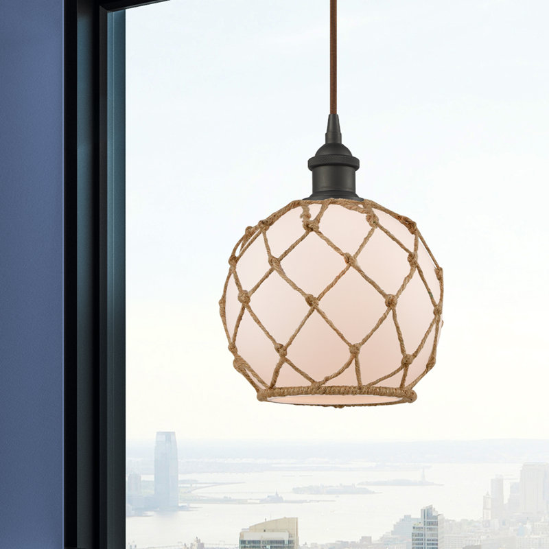 Luminaire suspendu en forme de globe à 1 lumière avec accents en corde Tobey, H 10 pi x l 8 po x P 8 po, Blanc / Brun