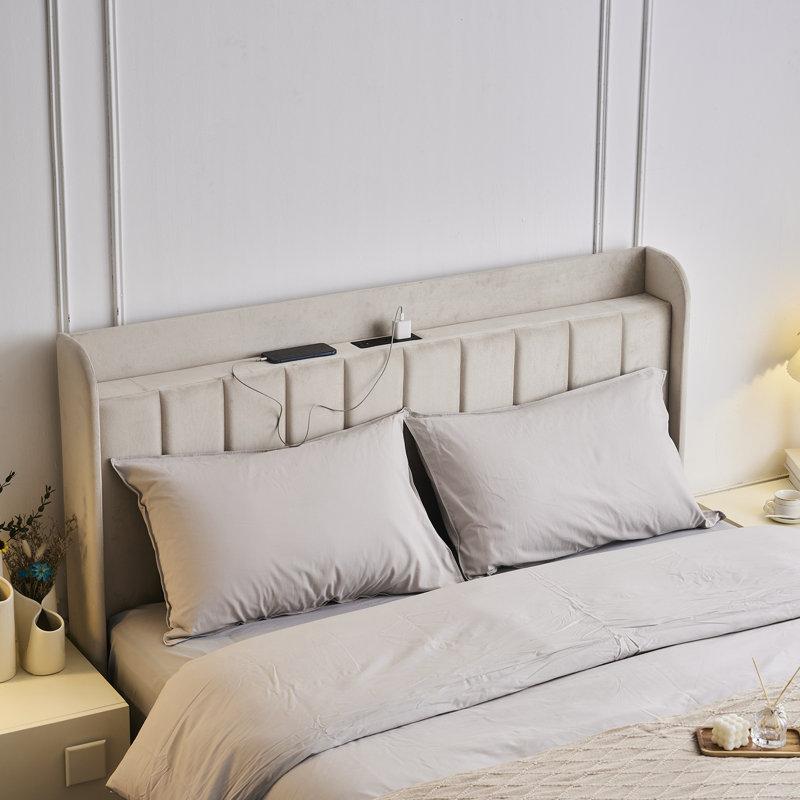 Queen Off-White Velvet Upholstered Platform Bed with Tufted Headboard