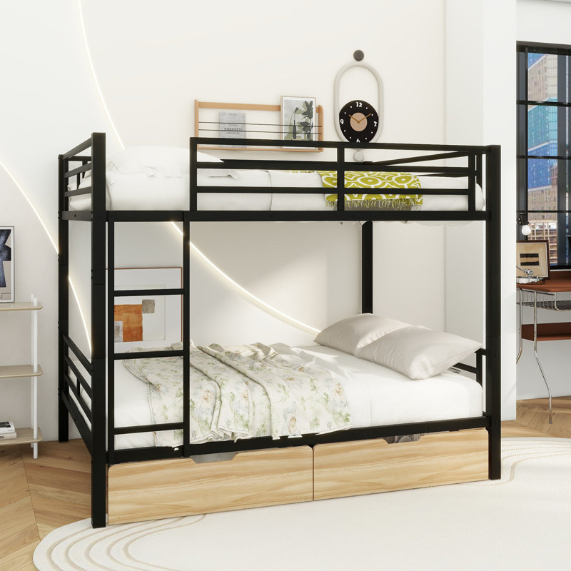 Metal Full Size Convertible Bunk Bed With 2 Drawers, Black