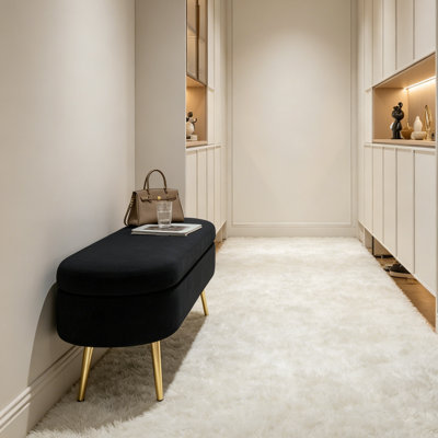 Banc de rangement moderne avec repose-pieds, rangement pour la maison, banc de lit d'extrémité, siège en flanelle et pieds en métal, pour chambre à coucher, salon, vestibule, garde-robe, noir
