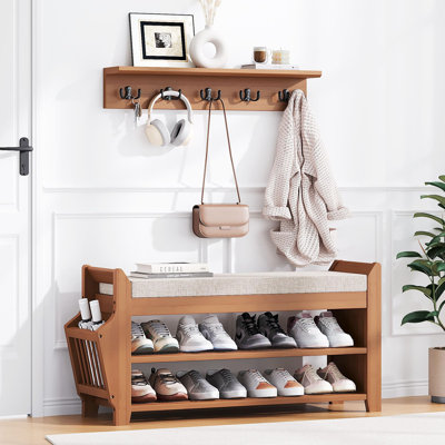  31.5" Shoe Bench with Coat Rack Hidden Drawer and Side Holder, 2 Tier Entryway Bench, Bamboo Shoe Rack with Cushion for Entryway Hallway Living Room Bedroom