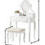 Coiffeuse en bois avec tabouret, blanche - 5 tiroirs et miroir ovale réglable pour maquillage et soins de beauté. Table de toilette avec tabouret et espace de rangement.