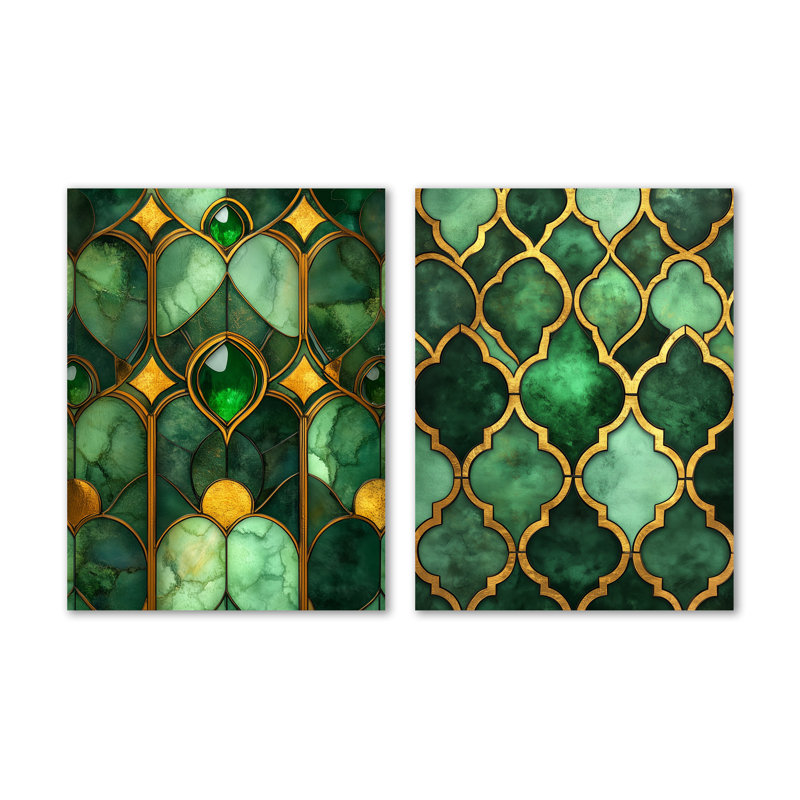 Émeraude carrelée opulence - ensemble de 2 impressions murales abstraites en métal doré, 32" H x 48" W