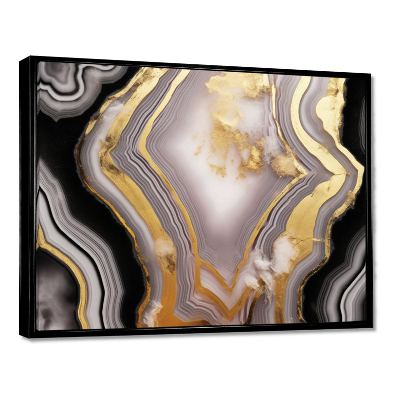 Opulent Glam Agate noir doré II - salon d'art mural en marbre, Cadre flottant noir, H 20 po x l 12 po x P 1 po