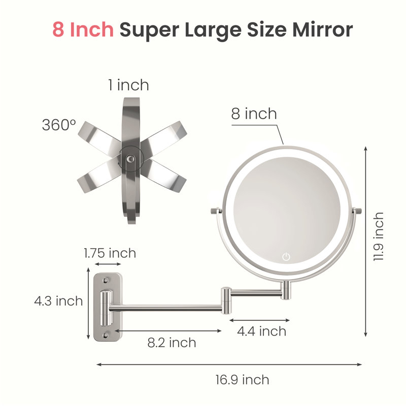 Miroir de maquillage mural en métal 8 "avec grossissement, miroir de maquillage à 3 lumières DEL, 10x, Nickel brossé