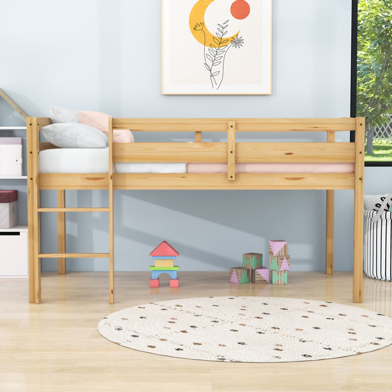 Twin Wooden Low Loft Bed With Ladder And Saftey Guardrails, Walnut