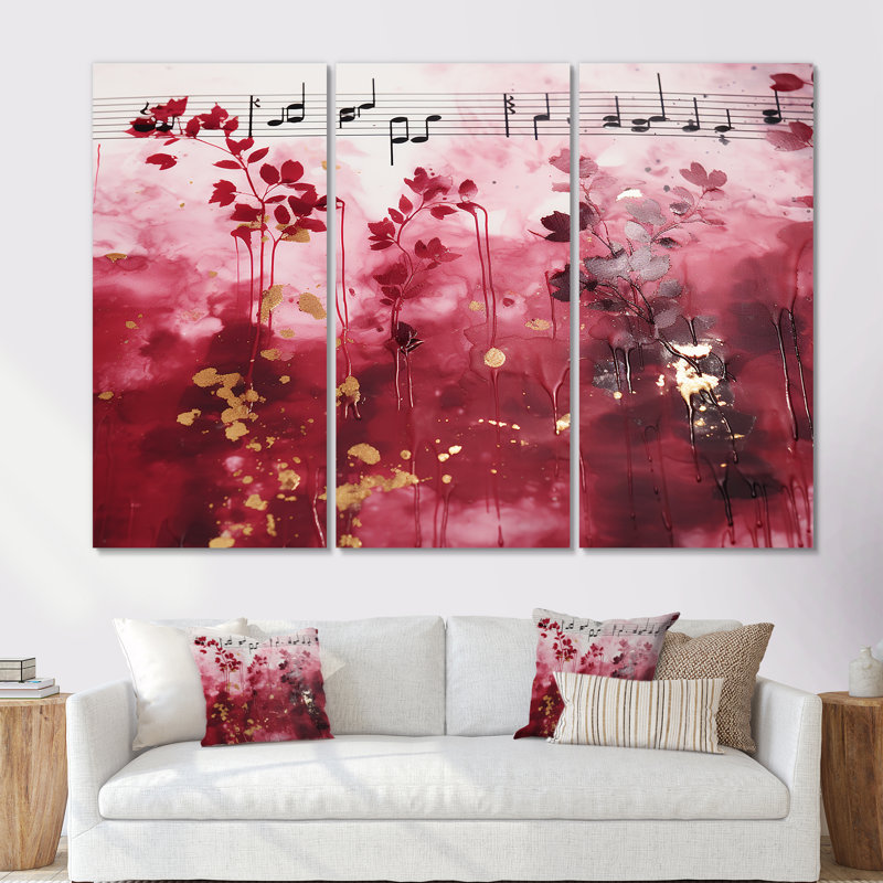 «Pink Music Notes Extravaganza» - musique, art mural, H 28 po x l 36 po x P 1 po, Toile tendue