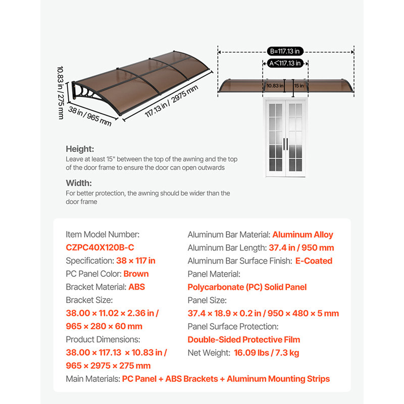 Awnings for Door Entrance, 38 x 117 in, Exterior Front Door Window Awnings with Drainage & ABS Bracket, Rain Snow Sun Protection, Overhang Polycarbonate Door Canopy for Porch Patio, Brown