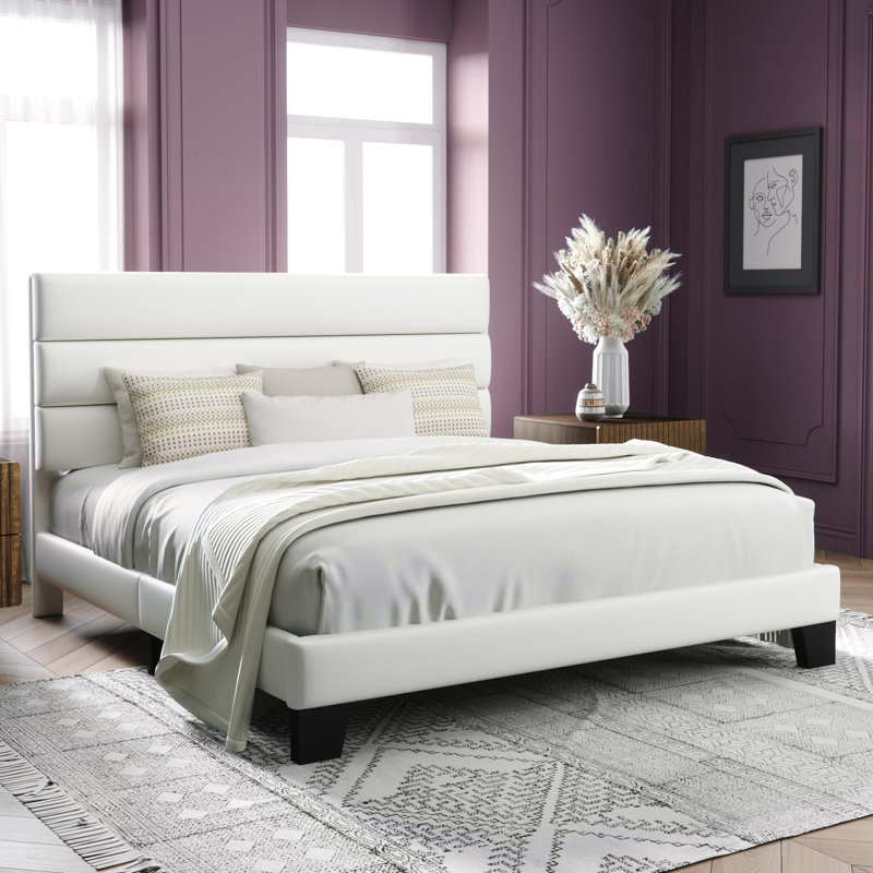 Structure de lit plateforme avec tête de lit tapissier en tissu et support en lattes de bois, Blanc, Roi