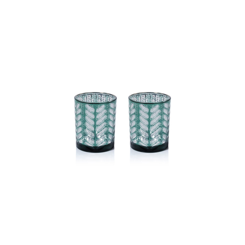 Laser-Etched Metallic Glass Hurricane Candle Holders, Set of 2, Green