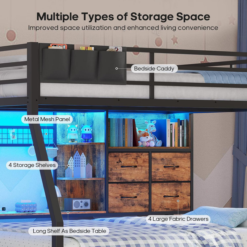 Full Over Full Bunk Beds With 4 Storage Drawers & Shelves & Bedside Caddy, Bunk Bed With Charging Station & Led Lights, Full Size Bunk Bed With Safety Guardrail & Angled Ladder