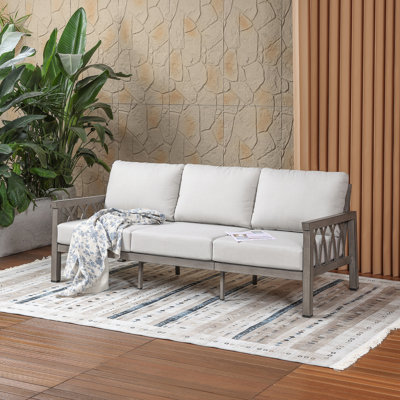 Canapé extérieur 3 places en aluminium avec coussins d'assise profonds et structure ajourée, canapé moderne pour jardin, véranda et balcon, chêne blanchi