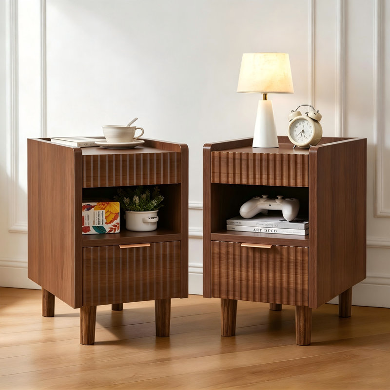 Tables de chevet modernes en bois cannelé 2 pièces, avec tiroir et rangement ouvert, pour le salon, la chambre à coucher, la décoration intérieure, noyer