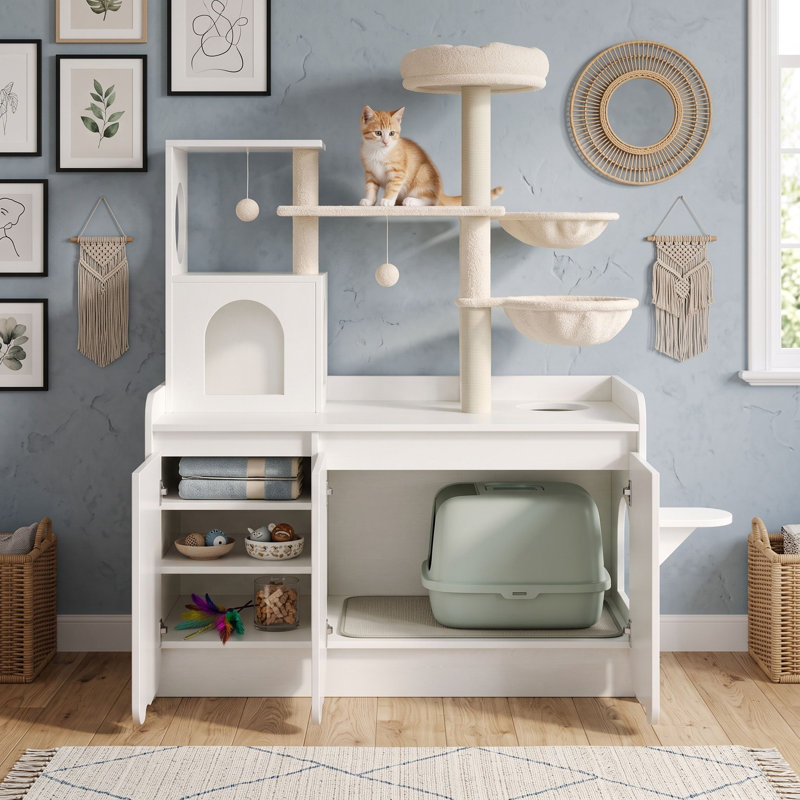 Arbre à chat avec armoire, poteaux à griffer en sisal, hamacs doubles, condo fermé, jouets suspendus et perchoir supérieur