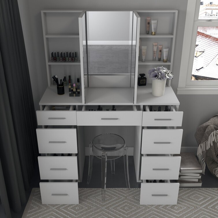 Latitude Run® Kimbereley Makeup Vanity with 3-Color Dimmable Lighted  Mirror, Side Storage Shelf & 4 Drawers & Reviews