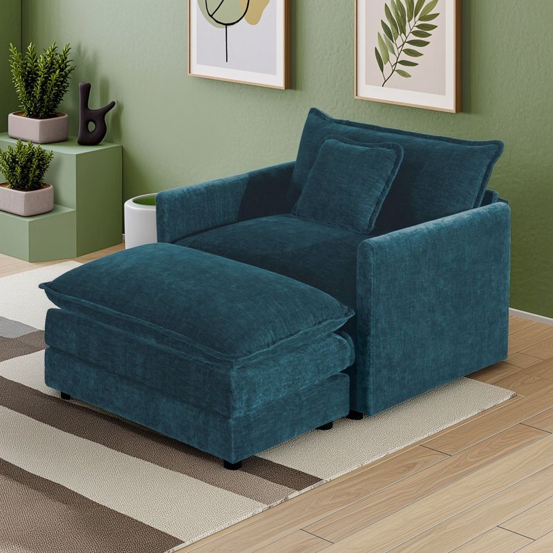 Chaise d'appoint moderne avec repose-pieds, Bleu